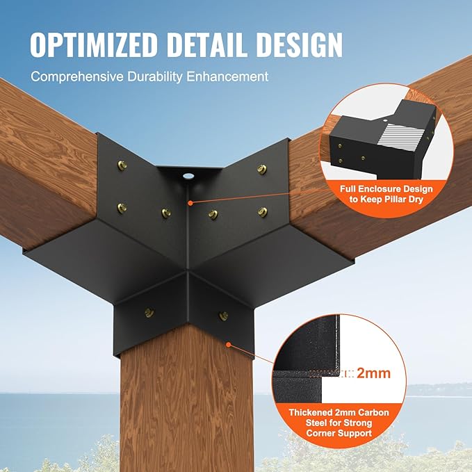 VEVOR Pergola Bracket Kit 4''x4''(Inner Size 3.6x3.6), 4pcs 3-Way Heavy Duty Corner Bracket Woodworks DIY Post Base Kit, Easy Installation Wooden Beams for Gazebos, Patio Pergolas, Log Cabin Outdoor