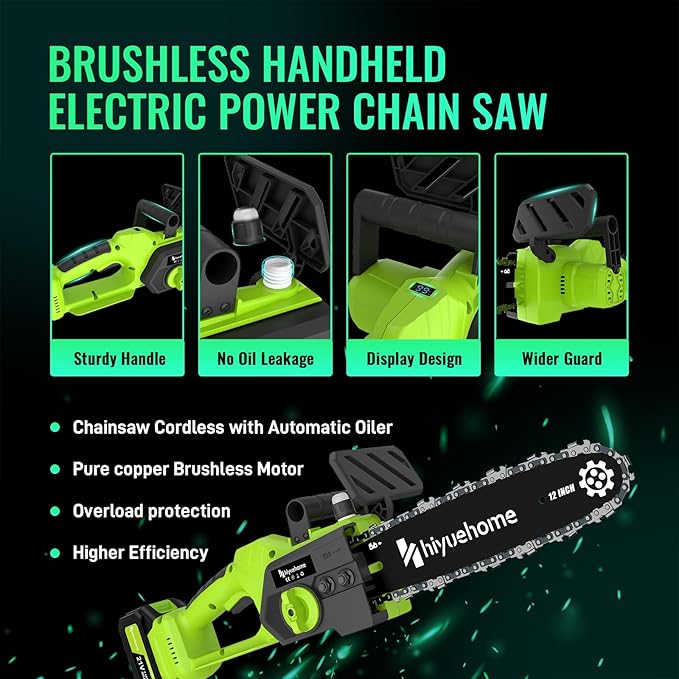Mini Chainsaw 12inch, Chainsaw Cordless w Automatic Oiler, Handheld Electric Power Chain Saw w Security Lock, Brushless Motor,Chainsaws for Wood/Trees Trimming (Green - 1 battery, 12 INch)