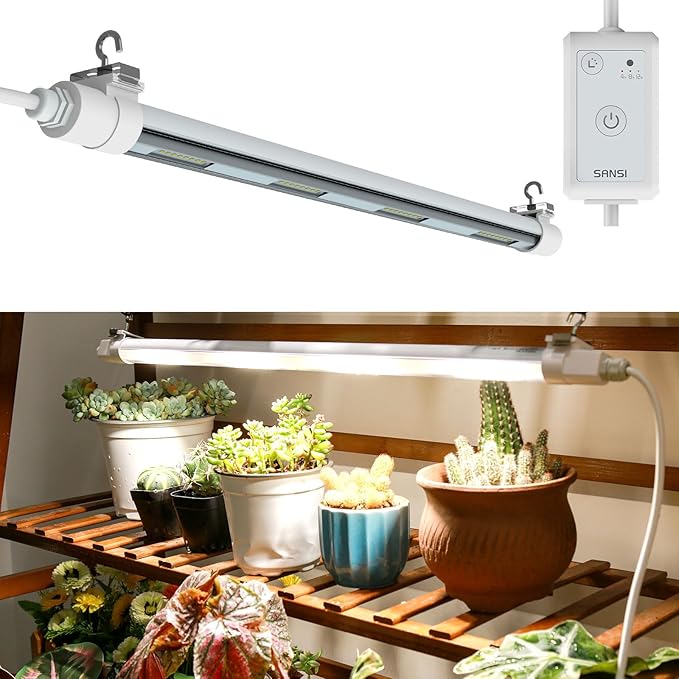 SANSI T8 Grow Lights for Indoor Plants, 2FT 4000K Full Spectrum, 25W (195W Equivalent) LED Grow Light Strips with 4-Level Dimmable, Auto On Off 4 8 12 Hrs Timer, IP54 Waterproof for Seed Starting