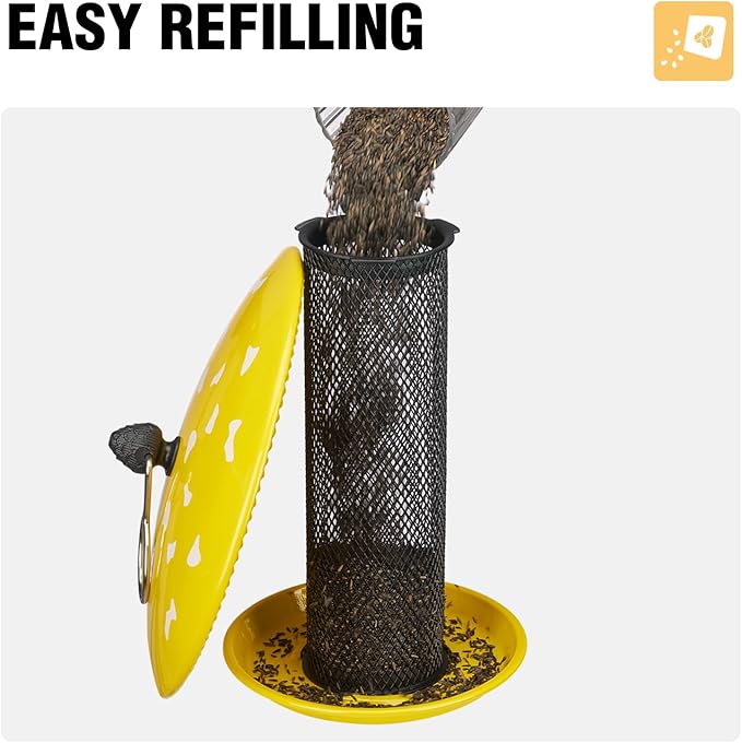 Veehoo Tube Bird Feeders for Outdoors Hanging-Finch Feeder for Nyjer Thistle Seed, Mushroom Metal Mesh Bird Feeder for Outside Hanging, Yellow