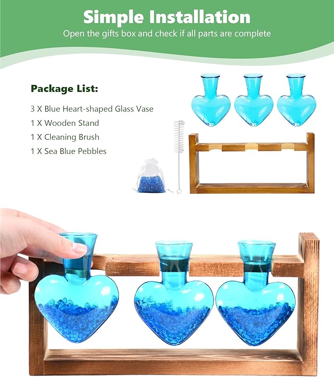 Nacome Plant Terrarium for Office Decor: Birthday Gifts for Plant Lovers Women Mom Wife - Wooden Stand Tabletop Planter 3 Bulb Glass Vase Heart Shaped for Hydroponics Indoor Home