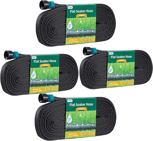 Flat Soaker Hose 50 200 FT for Garden Beds, 200FT 1/2" Linkable Consistent Drip Irrigation Hose Save 80% Water, Leakproof Heavy Duty Double Layer Sprinkler Hose
