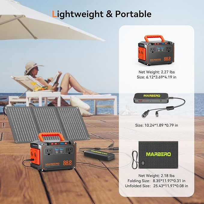 MARBERO 88.8Wh Portable Power Station with 30W Solar Panel 150W Peak Camping Solar Generator Power Bank with AC Outlet(2*AC,2*USB A, 2*USB C,) for Outdoor Travel Home Emergency Blackout Hurricane