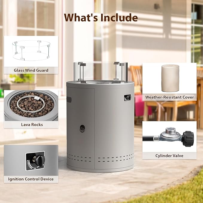 Fire Pit Propane Smokeless 20" Fire Pit Outdoor Patio Fireplaces,50000 BTU Portable Round Fire Pit with Lava Rocks Glass Wind Guard Protective Cover for Outside Camping Garden Balcony