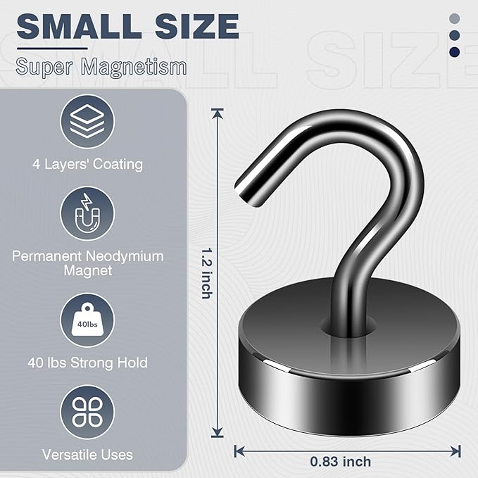 Neosmuk Magnetic Hooks, Cruise Ship Essentials, 40lb+ Heavy Duty Magnetic Hooks for Cruise Cabins, Refrigerator, Grill, Hanging, and Travel | Extra Strong Must-Haves Magnet Hook,Gunmetal,Pack of 10