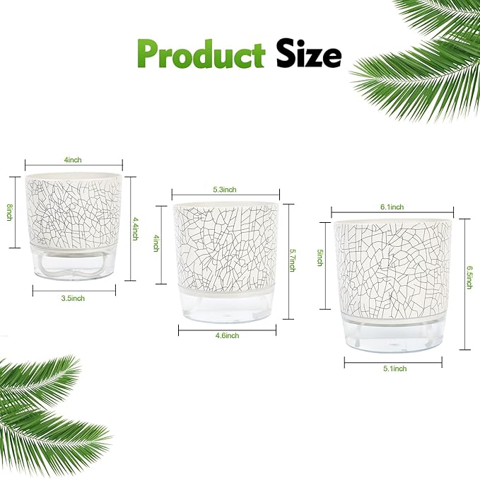 Self Watering Pots for Indoor Plants, 6 & 5 & 4 Inch Stylish Flower Pots, Set of 3 Modern Planters with Self-Watering Feature (Crack Texture)
