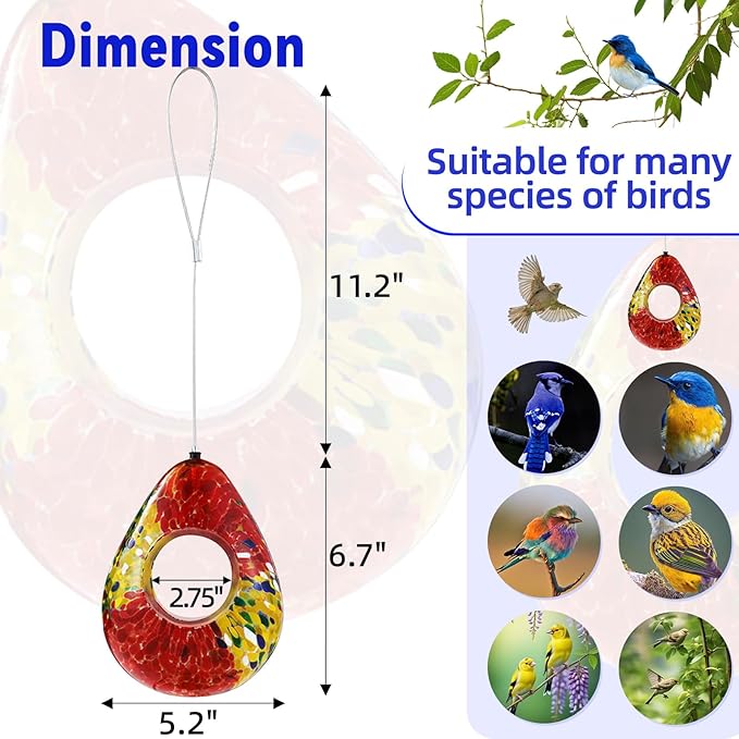 VOREEN Glass Bird Feeder, Fly Through Bird Feeders for Outdoor Hanging, Glass Wild Bird Feeder, for Garden, Yard, Backyard, Deck and Porch Decor, Gift for Mom Wife Friend, Red Teardrop