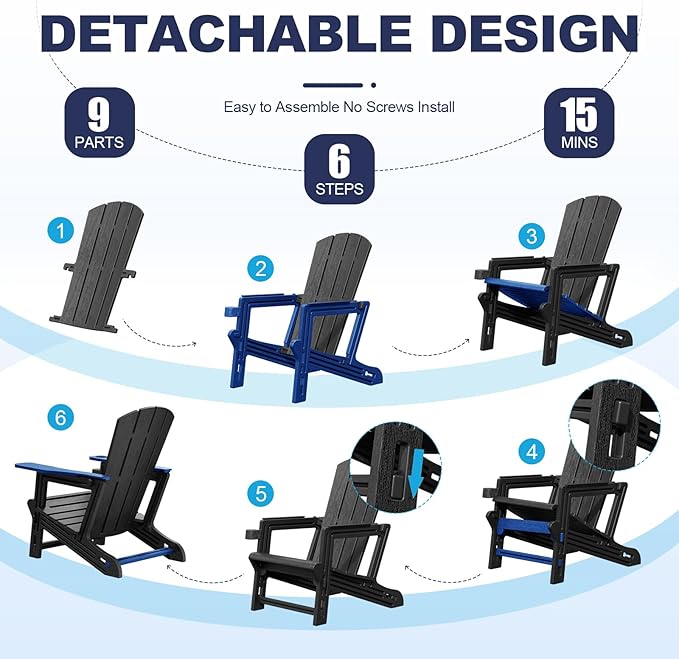 Adirondack Chair Set of 2, Plastic Adirondack Chairs, Outdoor Weather Resistant Lawn Furniture, Fire Pit Chair with Cup Holder for Garden Patio Without Screws Install, 400 LBS Capacity, Black
