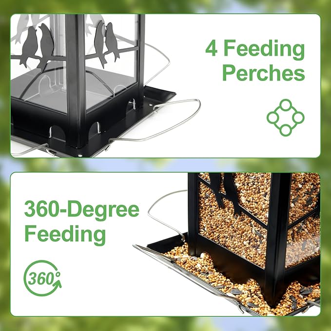 Vivace Bird Feeder, Large 4LBs Metal Hanging Feeder With Perches for Wild Birds, Outdoor Garden and Backyard, Black