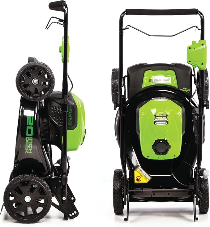 Greenworks 40V 20" Cordless Push Lawn Mower with Axial Leaf Blower(500 CFM / 120 MPH), 12" String Trimmer, 160 PSI Portable Tire Inflator, Includes 2 Batteries(5Ah+2Ah) & Chargers