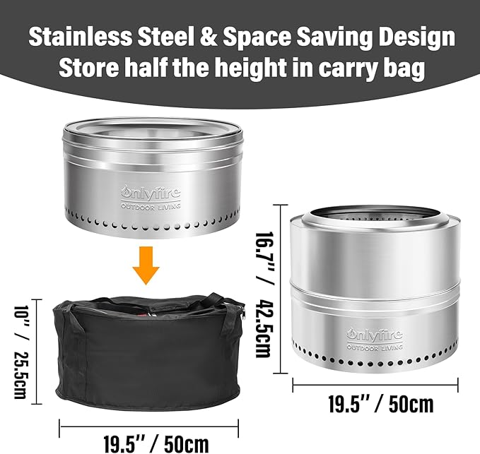 Onlyfire Smokeless Fire Pit with Carrying Bag, 20” Portable Outdoor Fire Pit for Camping Tailgating Patio Backyard Bonfire Party, 360°Air Flow Wood Burning Fireplace, Stainless Steel