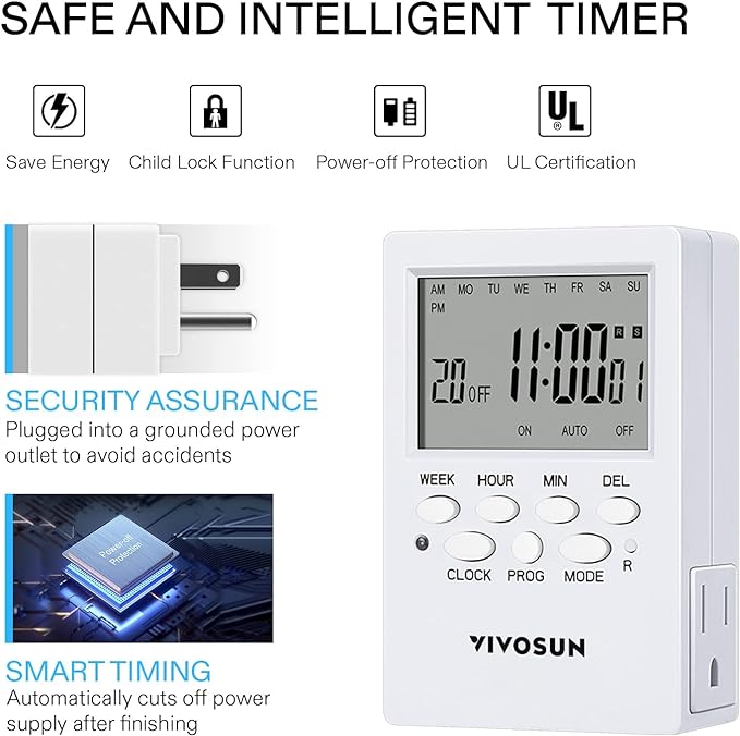 VIVOSUN Digital Timer Outlet 7 Day Programmable Digital Outlet Timer with 2 Independent Outlets 3 Prong, 20 on/Off Programs Groups, Countdown Setting, Indoor for Light Lamp, Fan(1Pack)