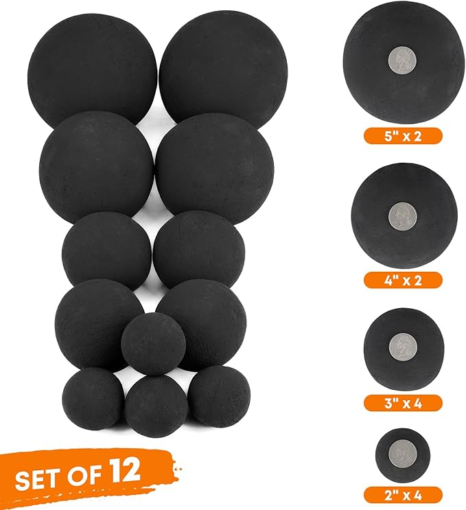Stanbroil 12 Pack Ceramic Fire Balls, Mixed of 4 Size Fireplace Balls, Modern Accessory for Indoor or Outdoor Fire Pits Fire Bowl and Fireplace, Black