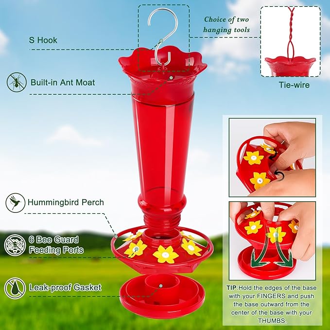 10 OZ Glass Hummingbird Feeders for Outdoors Hanging - Red 2 Pack, Ant & Bee Proof and 6 Feeding Ports, Garden Yard Dรฉcor Gifts for Mom