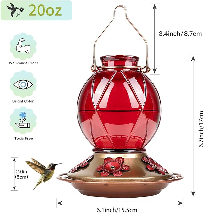 BOLITE Hummingbird Feeder, Glass Hummingbird Feeder for Outdoors, Meshy Texture Ball Shape Bottle, 20 Ounces, Red, Birthday Gifts for Women Men, Gifts for Mom Dad