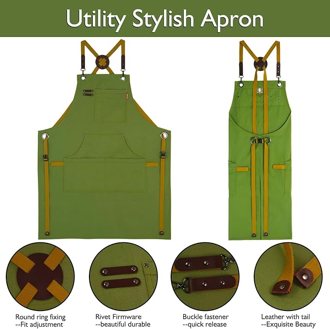 10 Pack Kitchen Aprons, Work Apron, Canvas, Multiple Pockets, Gardening, Painting, BBQ, Artist, Carpenter, Sizes M to XXL, Olive