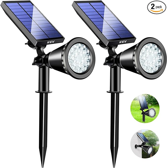 KEV 800 Lumens Solar Spot Lights Outdoor,18 LEDs Solar Flood Lights with 2 Modes &Adjustable &IPX65 Waterproof,Solar Spotlight for Driveway/Backyard/Patio Landscape/Tree/Garage(Cool White, 2 Pack)