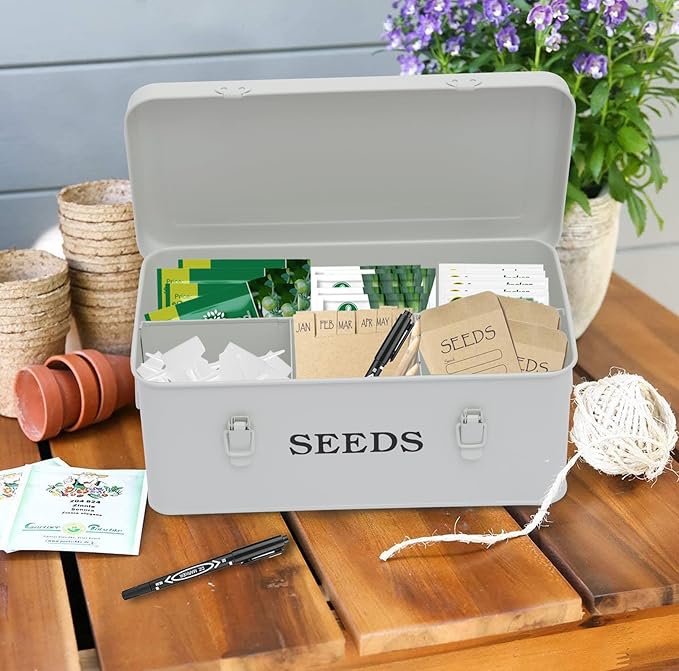 Seed Storage Organizer, 4 Compartment Seed Storage Box with Safety Lock, Metal Seed Box Container with 2 Pens, 20 Plant Labels and 50 Seed Envelopes for Seed Packet & Small Garden Tool, White
