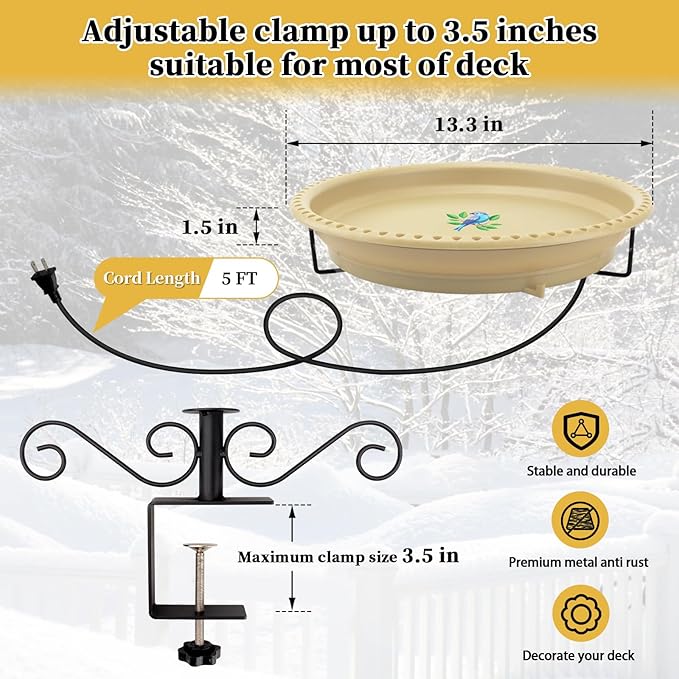 Lovppy Heated Bird Baths for Outdoors for Winter, 100W Heated Birdbath Water Heater with Thermostatically Controlled, Heated Bird Bath for Deck Railing Outside Garden Patio Yard (Khaki)