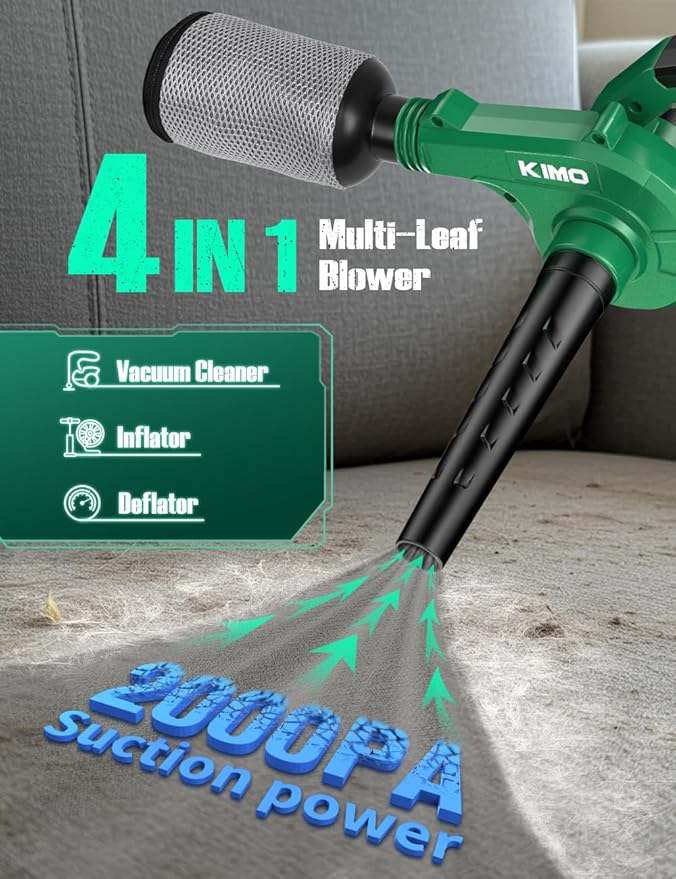 K I M O. Cordless Leaf Blower and Vacuum Combo 4 In 1, 3 Nozzles for Inflation and Deflation, 190MPH, Control Panel with 3 Speed,20 Inch Extended Tube, 2.0Ah Battery Powered Leaf Blowers for Lawn Care
