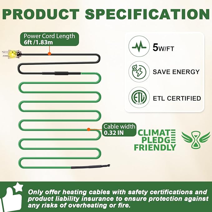 HEATIT Heat Tape for Water Pipe Freeze Protection Self-Regulating Heat Cable for Metal And Plastic Pipes Roof & Gutters De-Icing Heating Trace Tape Anti-Freeze Pipe Heater System 6ft Lighted Plug 16FT