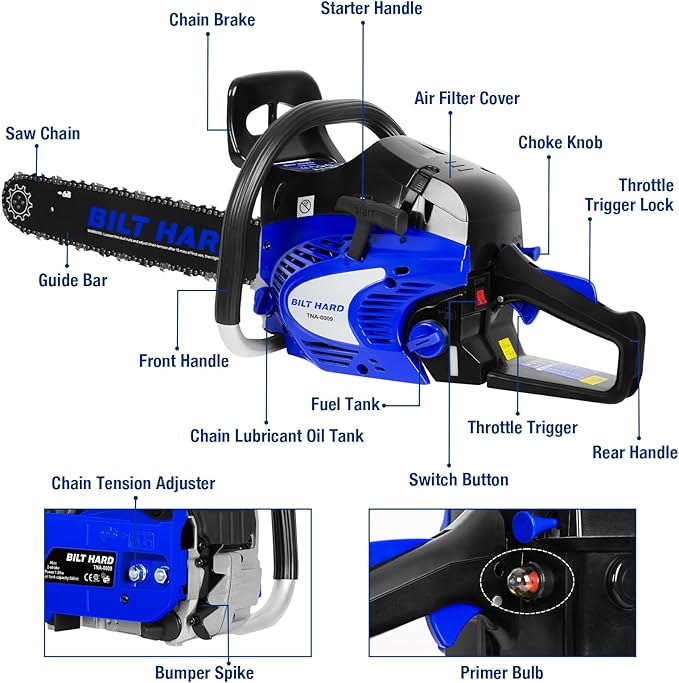 BILT HARD Gas Chainsaw 22 inch 56cc 3.1 HP Chain Saws with Automatic Oiler for Trees, Gas Powered 2-Cycle Wood Cutting Machine Petrol Handheld Gasline Chainsaws for Outdoor Garden Farm Home