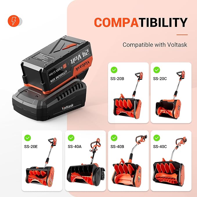 VOLTASK 24V 4.0-Ah Lithium iON Battery + 2.2A Rapid Charger for Cordless Snow Shovel and Cordless Snow Blower