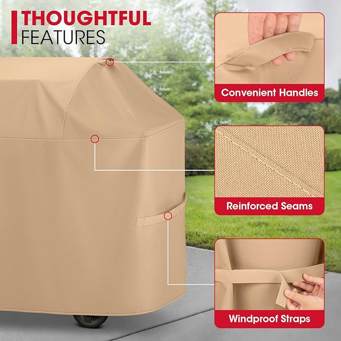 Unicook Heavy Duty Waterproof Grill Cover 60 Inch, BBQ Cover for Outside, Compatible with Weber Char-Broil Nexgrill Kenmore 3-5 Burner Gas Grills up to 58”, All Weather Protection, Light Brown