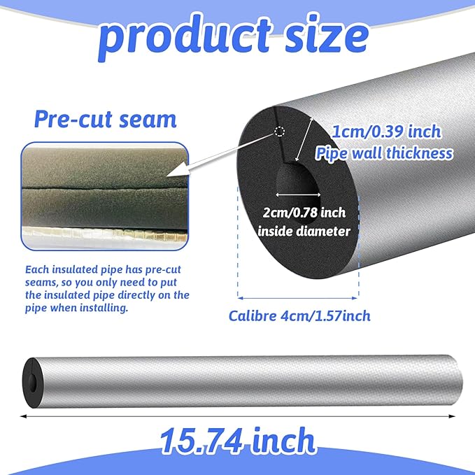 16 Pack Pipe Insulation Foam Tube, 3/4'' Self Adhesive Pre Slit Foam Pipe Covers Polyethylene with Aluminum Foil for Spigot, Winter Outside Pipes, Sprinkler, Water Heater Pipes Freeze Protection