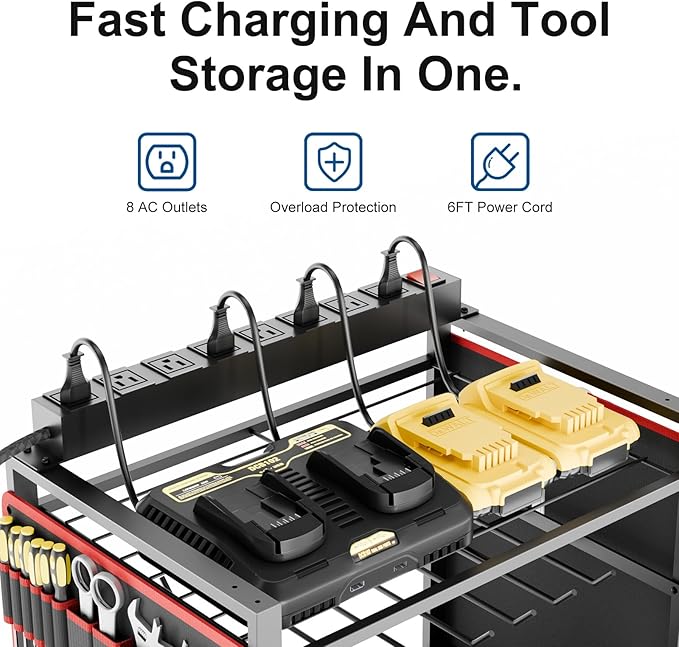 5-Tier Power Tool Organizer Cart with Charging Station - 8 AC Outlets, 300 lbs Heavy Duty Utility Rack, Rolling Drill Holder & Tool Storage Cart on Wheels for Garage, Workshop, Gift for Men