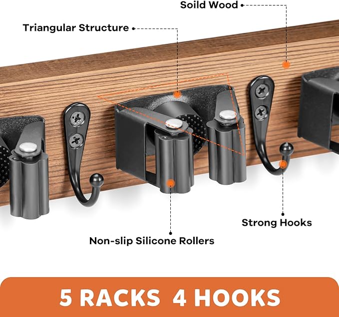 IMILLET Broom Holder Wall Mount, Rustic Wood Broom Hanger with 5 Racks and 4 Hooks, Laundry Room Organization and Storage, Mop Holder for Home Decor, Garden, Garage, Kitchen, Closet