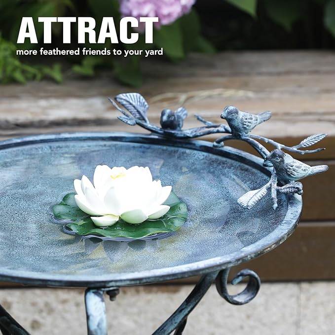 Solution4Patio 16.7" Metal Bird Bath with Perch - Rust-Resistant Outdoor Garden Decor, Shallow Wide Bowl & Foldable Stand for Birds/Plants