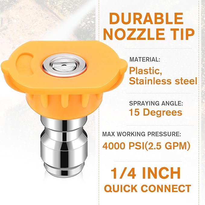 1/4 Inch Pressure Washer Nozzle Tips Quick Connector 2.5 Gpm 4000 Psi Power Washer Spray Tips Set for Home Car Patio Driveway(Yellow,10 Pack)