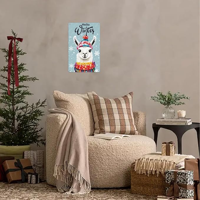Tin Signs Hello Winter Metal Signs Winter Aluminum Sign for Home Cafe Bar Yard Office Kitchen Farmhouse Wall Decor 12×8 Inch