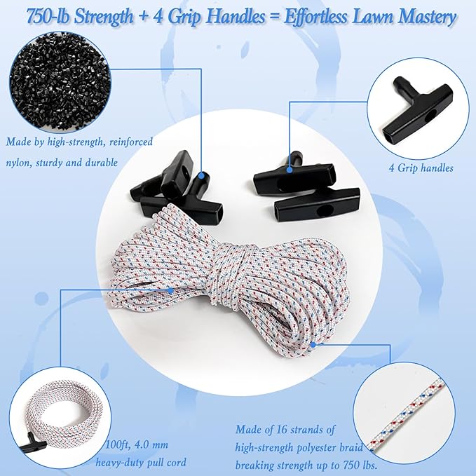 Heavy-Duty Pull Cord Rope Kit - 100Ft 4.0MM Lawn Mower Pull Cord Replacement, Starter Rope with 4 Universal Handles for Chainsaws, Snowblowers & Gas or Diesel Engines (for Briggs/Stratton/STIHL)