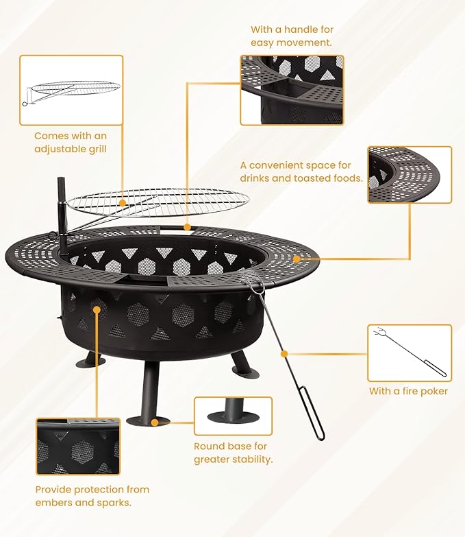 Bettermade 32 Inch 2 in 1 Large Camping Fire Pits for Outside with Cooking Grill and Fire Poker, Outdoor Fire Pit, Wood Burning Firepit for BBQ, Warm up, Patio, Bonfire, Camping, Picnic