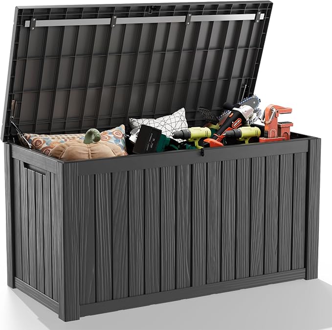 DRATO 150 Gallon Outdoor Storage Box, Large Waterproof Deck Box, Lockable Resin Storage Container with Reinforced Support for Patio Cushions, Garden Tools, UV-Resistant Outdoor Chest(Black)
