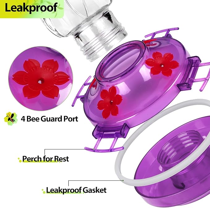 2 Pack Hummingbird Feeders for Outdoors, Built-in Ant Moat & Leakproof, XAROO Glass Hummingbird Feeder with 4 Bee Guard Feeding Ports, Outdoor Garden Décor, 15OZ, Purple