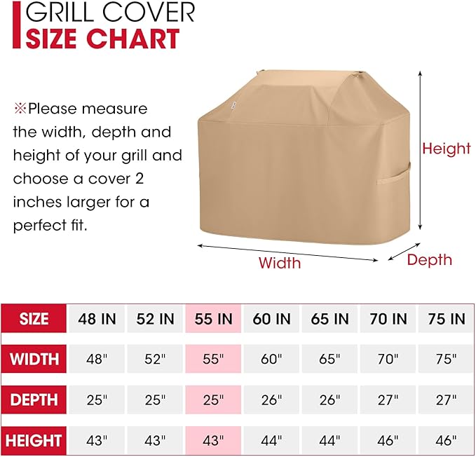 Unicook Grill Cover for Outdoor Grill 55 Inch, Heavy Duty Waterproof BBQ Cover for Outside, Compatible with Weber Char-Broil Nexgrill 3-4 Burner Gas Grills, All Weather Protection, Light Brown