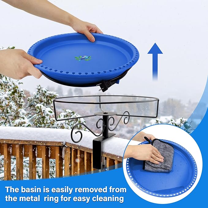 Lovppy Heated Bird Baths for Outdoors for Winter, 100W Heated Bird Bath Water Heater with Thermostatically Controlled, Heated Bird Bath for Deck Railing Outside Garden Patio Yard (Blue)