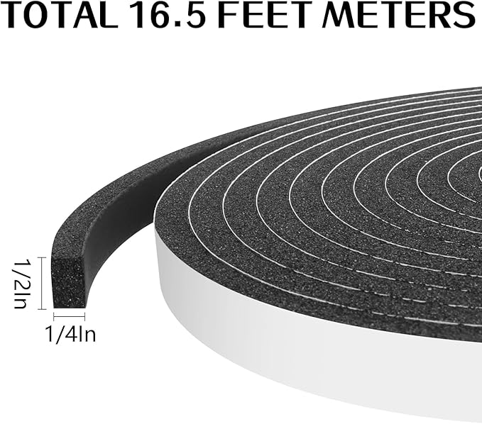 Storystore Foam Insulation Tape Self Adhesive, 1/2In x 1/4In x16.5Ft Weather Stripping for Doors and Windows, Sound Proof Soundproofing Door Seal, Weatherstrip, Air Conditioning Seal Strip