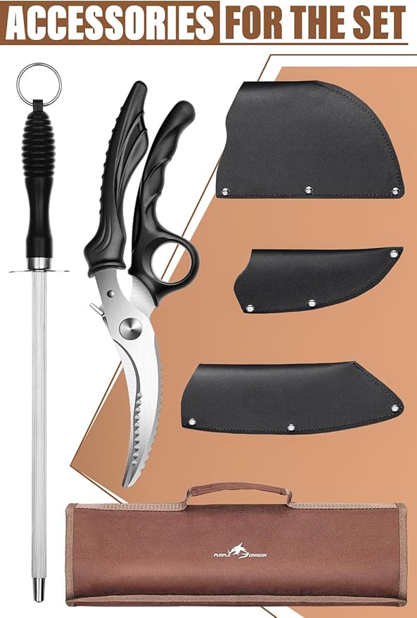 Purple Dragon Butcher Knife Set, 9 Pcs Chef Knife Set - Hand Forged Serbian Chef Knife Meat Cleaver Boning Viking Knives, Kitchen Knives Set with Roll Bag for Home Cooking, Outdoor Camping, BBQ