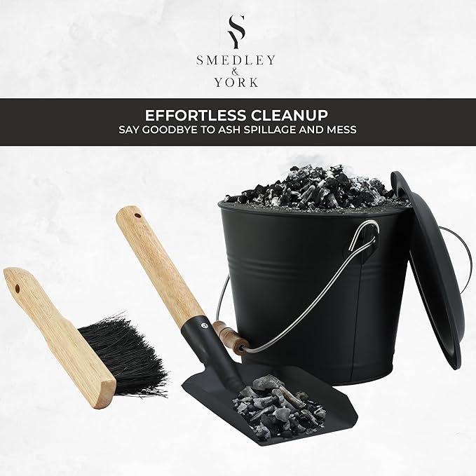 Smedley & York Mini Ash Bucket with Lid, Includes Fireplace Tools, Pail, Shovel and Broom, 1.5 Gallon Charcoal Metal Bucket with Lid, Coal Bucket and Ash Can, Galvanized Iron Ash Bucket for Fireplace