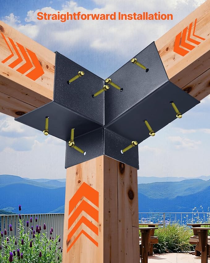 VEVOR Pergola Kit, 4x4 Inch 3-Way Slanted Brackets for 3.5x3.5 Inch Wood Beams in Actual Size, 2-Pack Pergola Brackets with 2 Post Bases and 2 Wall Mount Bases, for Outdoor Pergolas, Gazebos, Sheds