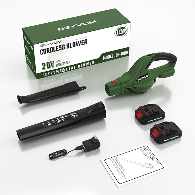 SEYVUM Leaf Blower, 20V Cordless Blower with 2 x 2.0Ah Battery, Electric Leaf Blowers for Lawn Care, 320 CFM 150 MPH Battery Powered Leaf Blower, for Patio, Garden Cleaning, Fast Charger, Dark Green