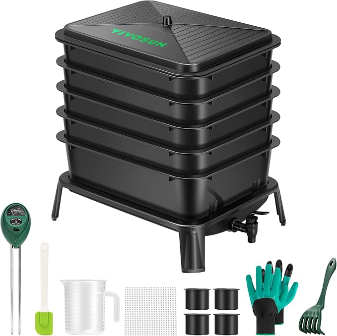 VIVOSUN 5-Layer Worm Compost Bin, 50L Worm Composter, Easy Setup Inclusive Worm Farm Kit for Recycling Food Waste