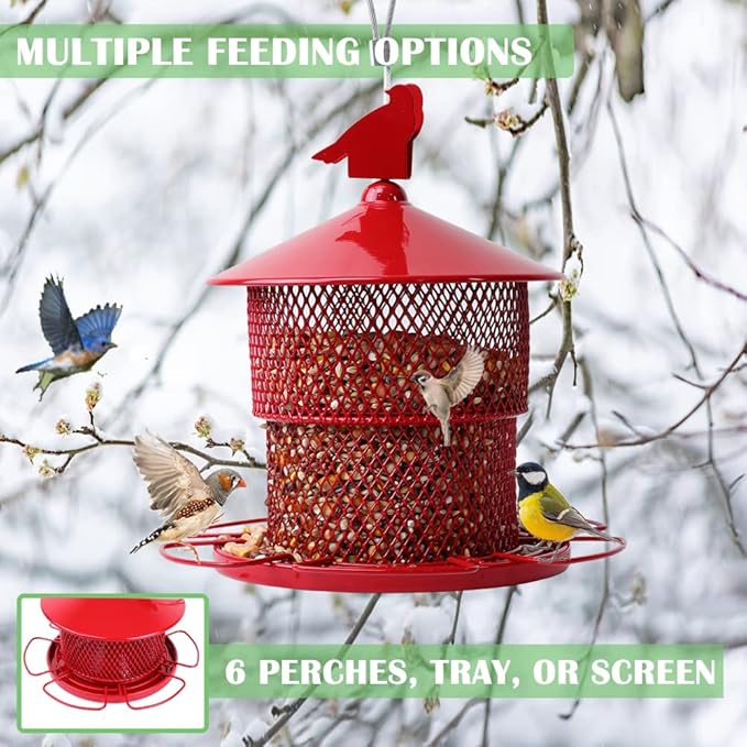 Metal Bird Feeder for Outside Hanging, Bird Feeders Squirrel Proof, 4 Lbs Large Capacity Tube Iron Mesh Wild Birdfeeder for Outdoor Finch Cardinal Chickadees -Red