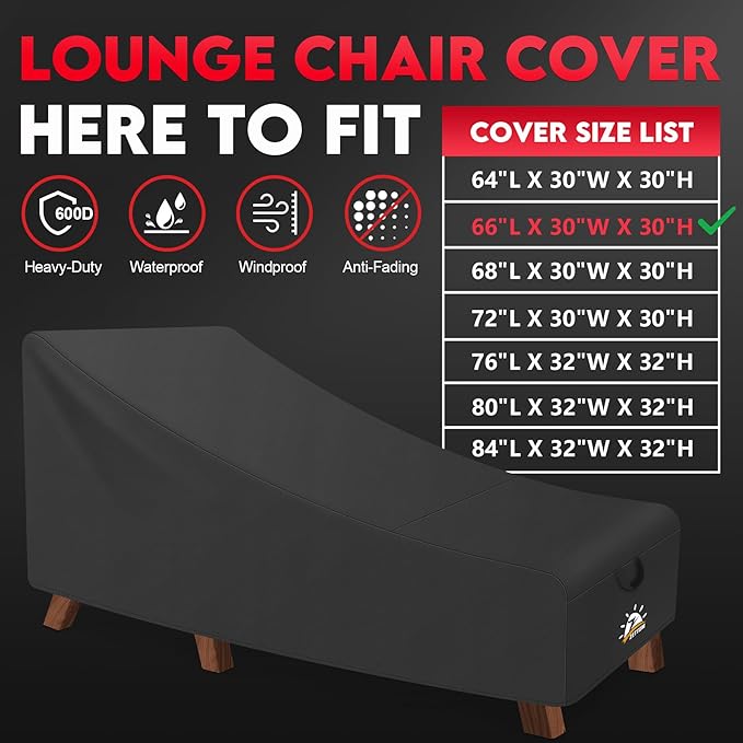 Outdoor Lounge Chair Cover - Waterproof Patio Chaise Lounge Chair Cover, 600D Heavy Duty Fade-Resistant Outdoor Seating Covers For Pool Lounge Chair, Lawn Bench Furniture 66 x 30 x 30 Inch
