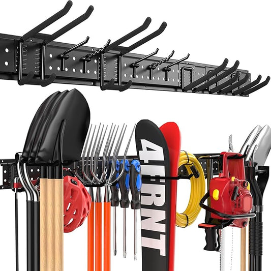 Garage Tool Organizer Wall Mount 48 inches with 10 Adjustable Heavy-Duty Hooks, Garage Organization, Garden Tool Storage Rack, Yard, and Shed, Holds Up to 400 lbs