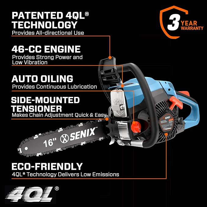 SENIX 16" Gas Chainsaw 46cc 4-Stroke Gas Powered Chainsaws, Cordless Chain Saw with Loop Handle for Wood Cutting and Tree Trimming, Low Emissions & Easy Maintenance, CS4QL-L3